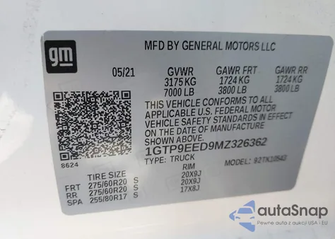 2021 GMC Sierra 1500 4Wd Short Box At4 z USA, uszkodzony, nr VIN 1GTP9EED9MZ326362